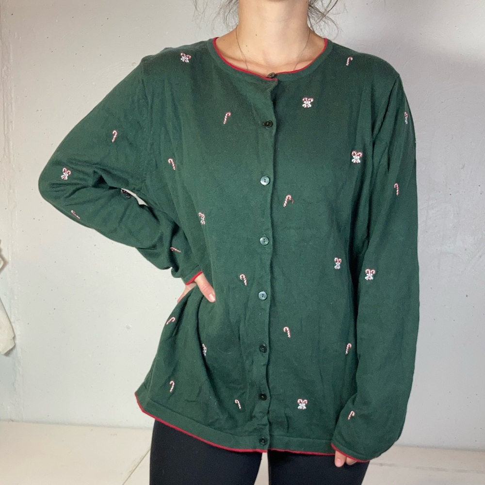 Vintage Dark Green Lightweight Embroidered Candy Cane Button Down Cardigan
